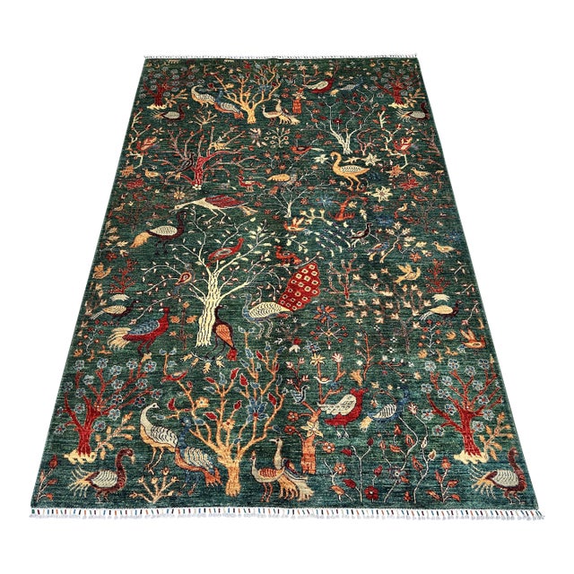 Green Afghan Pictorial Peacock & Bird Garden Hand-Knotted Wool Rug - 9'11" X 6'6" For Sale