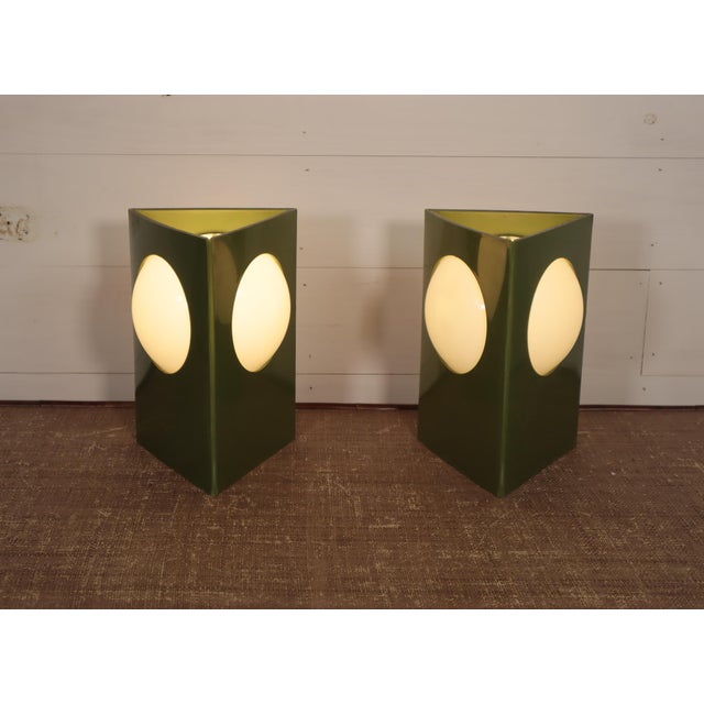 Awesome looking pair of vintage geometric triangle shape table lamps by C.N. Burman. They both are in very good fully...