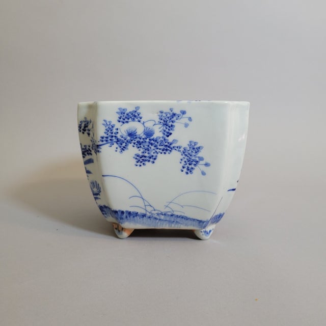 Japanese Blue & White Porcelain Bonsai Planter Cachepot, Square Form With Indented Corners For Sale - Image 4 of 10