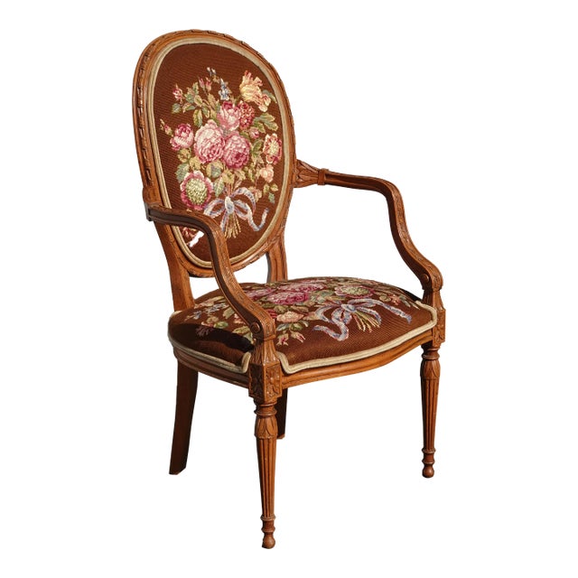 Vintage French Provincial Brown Floral Needlepoint Tapestry Bergere Chair For Sale