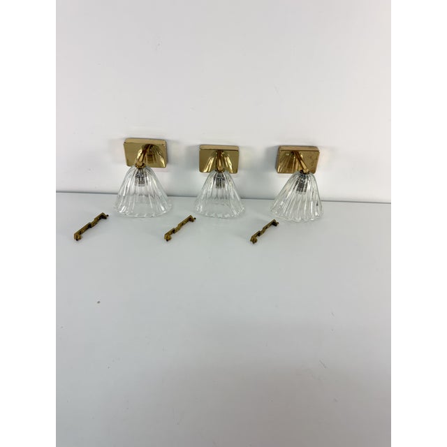 Wall Lamps in Brass and Murano Glass, 1950s, Set of 3 For Sale - Image 11 of 14