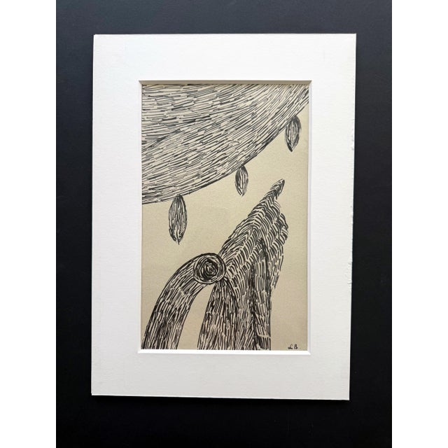 A ball pen abstract drawing on paper with its original mat (no frame) that is signed LB lower right and noted on the back...