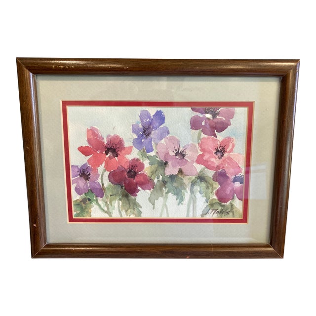 Late 20th Century Vintage Watercolor Floral Print in Wood Frame – Signed Artwork For Sale