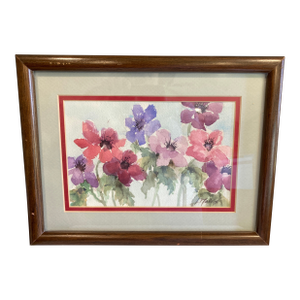 Late 20th Century Vintage Watercolor Floral Print in Wood Frame – Signed Artwork