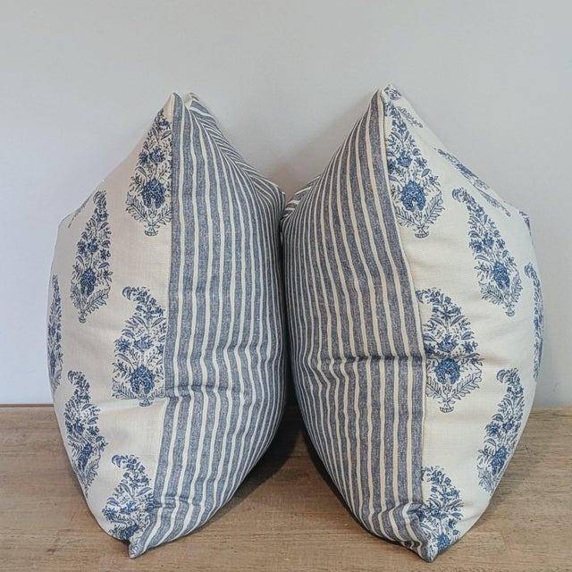 Katie Leede Mughal Garden Pillows With Blue Striped Backs- Pair For Sale In Greensboro - Image 6 of 7