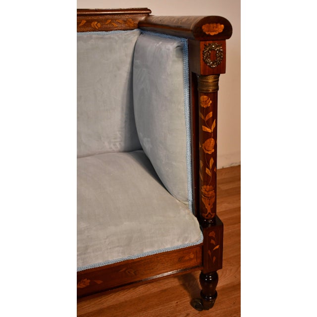 Blue 1840s Antique Dutch Marquetry Mahogany & Satinwood Inlay Spring-Seat Sofa For Sale - Image 8 of 12