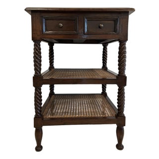 Late 19th Century British Colonial Side Table-Antique Mahogany End Table-Three Tiered Caned Stand-Barley Twist Legs-Two Drawers For Sale