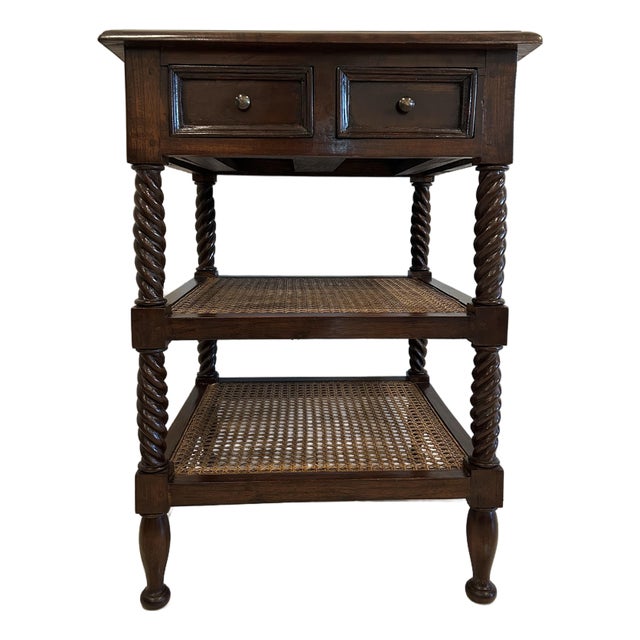 Late 19th Century British Colonial Side Table-Antique Mahogany End Table-Three Tiered Caned Stand-Barley Twist Legs-Two Drawers For Sale