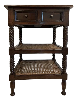 Late 19th Century British Colonial Side Table-Antique Mahogany End Table-Three Tiered Caned Stand-Barley Twist Legs-Two Drawers