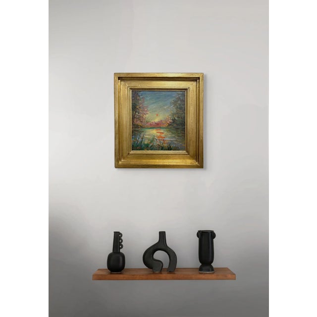 Impressionist Sunset Over the Reflecting Pond — Impressionist Oil on Canvas, 1901 For Sale - Image 3 of 6