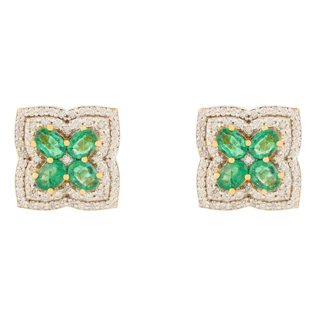 14k Gold Clover Emerald Cluster Earrings With Diamonds- A Pair For Sale