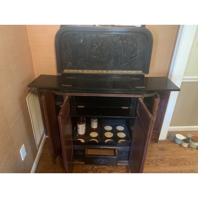 Brown 1960s Mid-Century Hand-Carved Asian Flip Top Bar Cabinet For Sale - Image 8 of 12