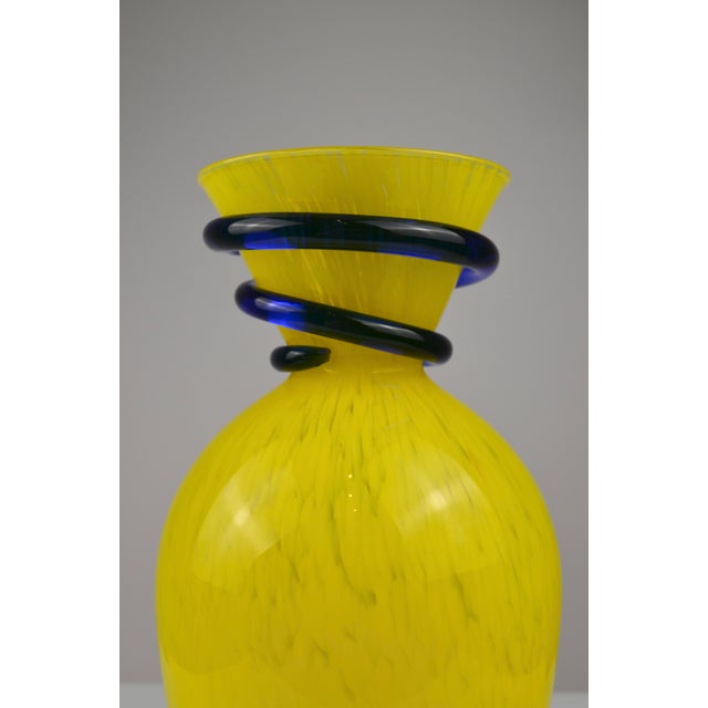 Sculptural Yellow Art Glass Vase with Cobalt Blue Spiral Neck, 1980s For Sale - Image 4 of 9
