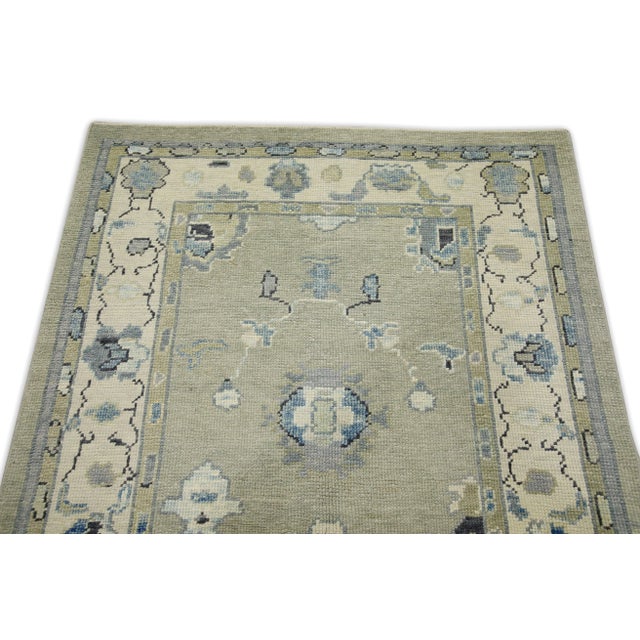Early 21st Century Green & Blue Floral Design Handwoven Wool Turkish Oushak Rug 3'10" X 6'1" For Sale - Image 4 of 7