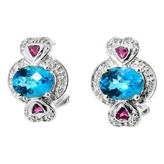 Late 20th Century Pair of 14K White Gold Blue Topaz Garnet Diamond Heart Earrings For Sale