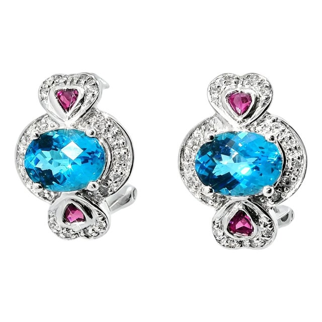 Late 20th Century Pair of 14K White Gold Blue Topaz Garnet Diamond Heart Earrings For Sale