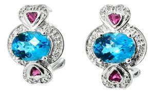 Late 20th Century Pair of 14K White Gold Blue Topaz Garnet Diamond Heart Earrings