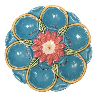 Antique French Majolica Turquoise Water Lily Oyster Plate For Sale