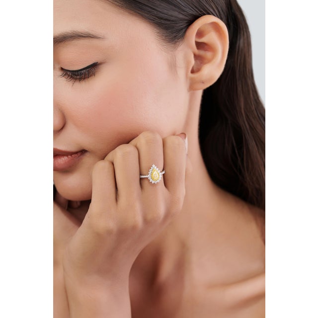 Yellow Transitional 1ct Yellow Diamond Double Halo 18k Gold Pear Engagement Ring Size 4 For Sale - Image 8 of 18