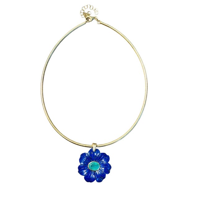 Flora Pendant, Lapis Flower With Emerald & 14k Gold For Sale - Image 10 of 11