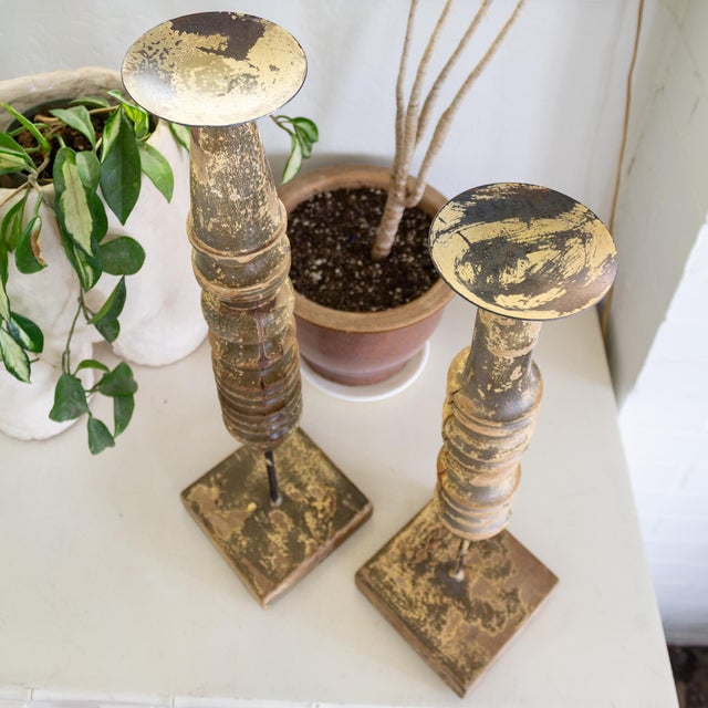 Pair of Wood Turned Rustic Painted Pillar Candle Holders From India For Sale - Image 14 of 14