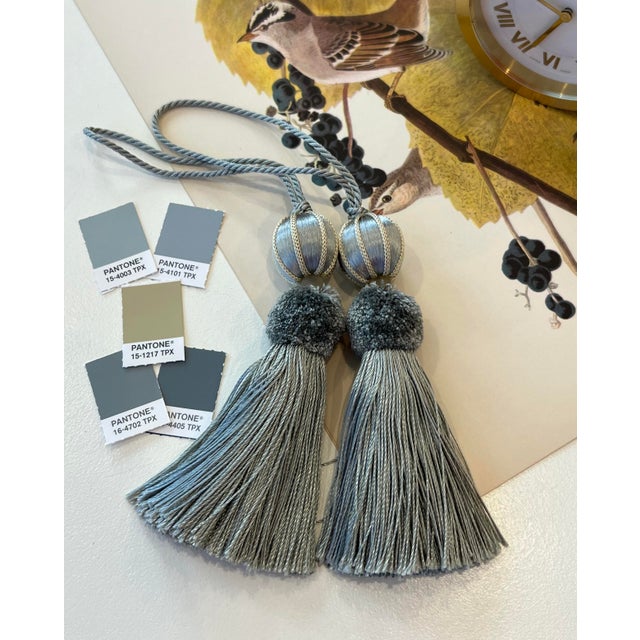 French Country Petite Bluestone Color Beaded Key Tassels - A Pair For Sale - Image 3 of 11