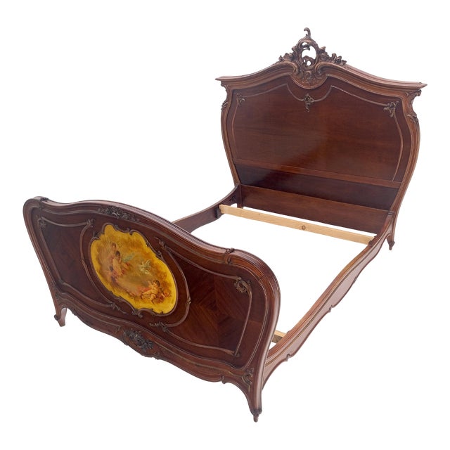 Hand Paint Decorated Plaque Carved Walnut Queen Size French Bed Headboard Rails For Sale