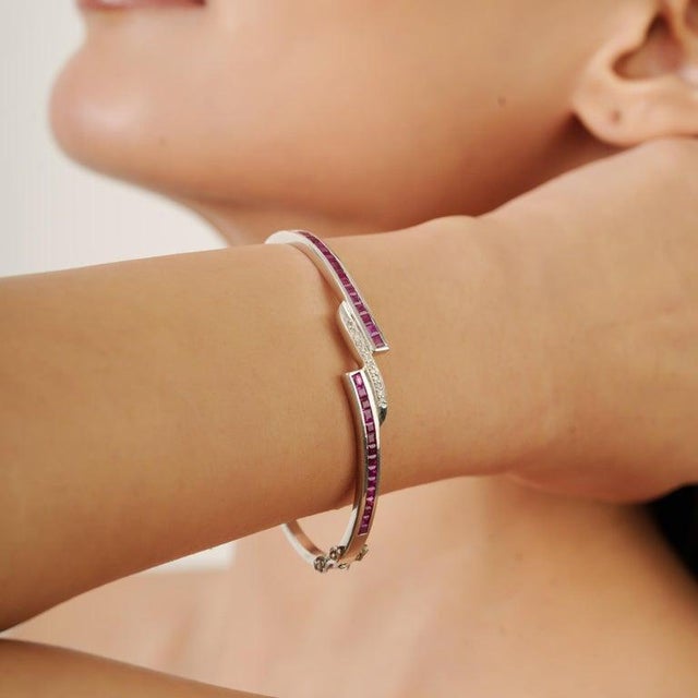 Vintage 925 Sterling Silver Ruby & Diamond Bangle Bracelet- Elegant Gemstone Hinged Bracelet For Sale - Image 4 of 11