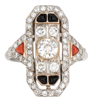 Vintage Art Deco Diamond Ring Coral Onyx Platinum Plaque Size 9.75