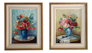 Alphonsive Bouquet, Floral Still Lifes, 1940s-1950s, Oil Paintings, Set of 2