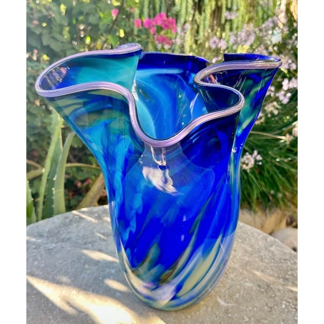 Large Blue Swirl Ruffled Handkerchief Art Glass Vase | Studio Glass Fazzoletto 15"h Artist Signed For Sale - Image 10 of 18