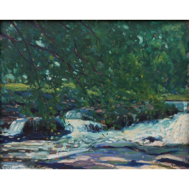 Clarence Bolton "The Brook" Green and Blue Abstract Impressionist Waterscape Painting, Mid-20th Century For Sale - Image 10 of 12