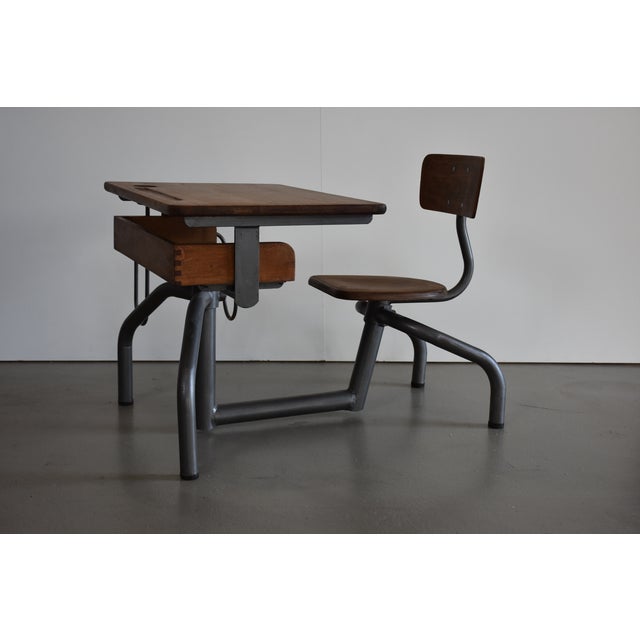 Wood Vintage French Oak and Steel Tube Children's School Desk with Chair, 1930s For Sale - Image 7 of 9