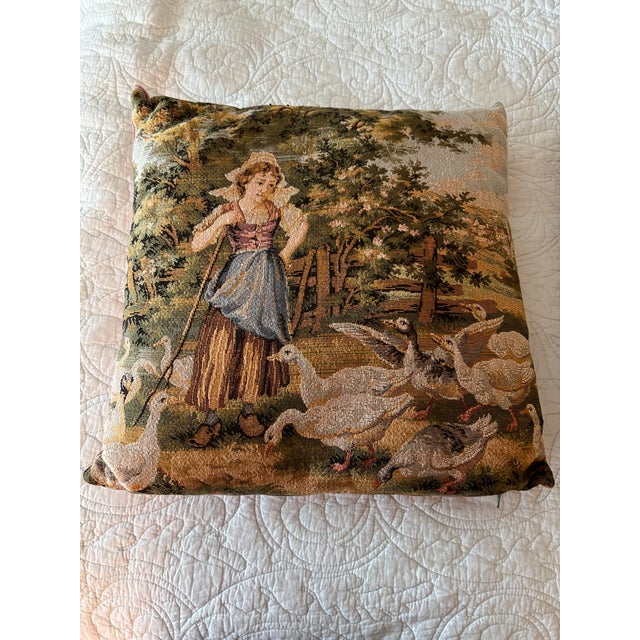 1990s Tapestry Girl and Goose Pillows with Velvet Backs- Set of 2 For Sale - Image 4 of 4