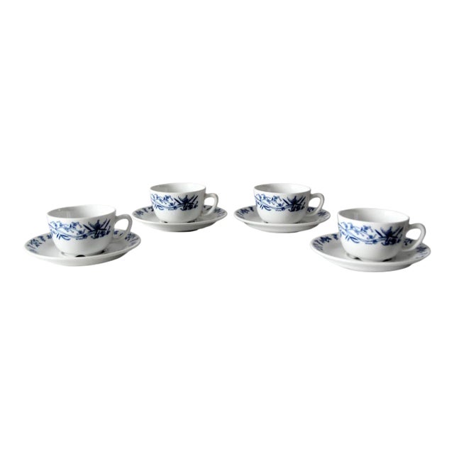 Vintage Porsgrund Varefakta Porcelain Tea Cup & Saucers Sets of 4 For Sale