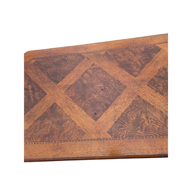 1990s Thomasville Fine Burl Trestle Table Parque Top Console Hall Table Jacobean Style For Sale - Image 10 of 15
