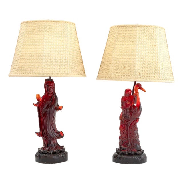 Chinese Cherry Red Amber Figural Table Lamps, Pair For Sale