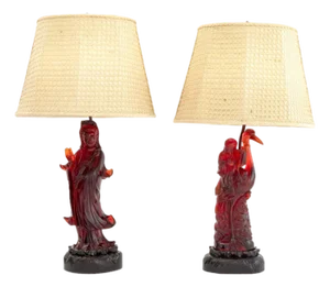 Chinese Cherry Red Amber Figural Table Lamps, Pair