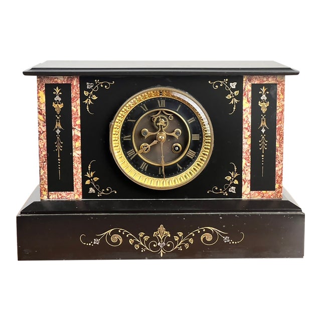 Antique Victorian Slate Mantle Clock With Open Escapement 8 Day Time and Strike C. Late 19th Century For Sale