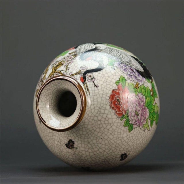 Chinese Vintage Chinese Crackle Glaze Famille Rose "Crane & Peony" Vase - 16.5cm For Sale - Image 3 of 6