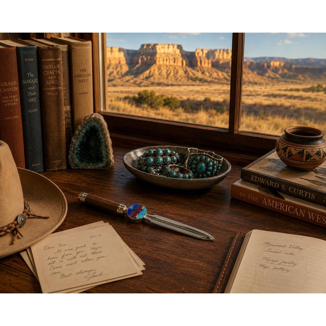 Native American David Rosales Letter Opener Leather Gemstone Navajo Southwest Crafted For Sale - Image 3 of 12
