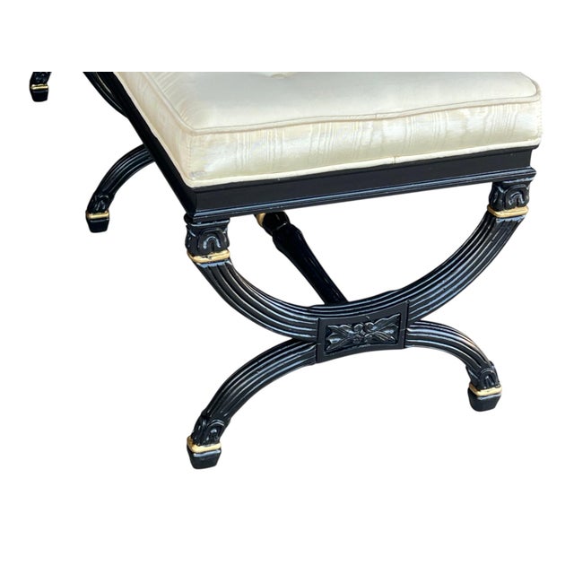 Black 1970s Elegant Ebonized X-Base Bench With Tufted Oyster Upholstery & Gold Accents For Sale - Image 8 of 17