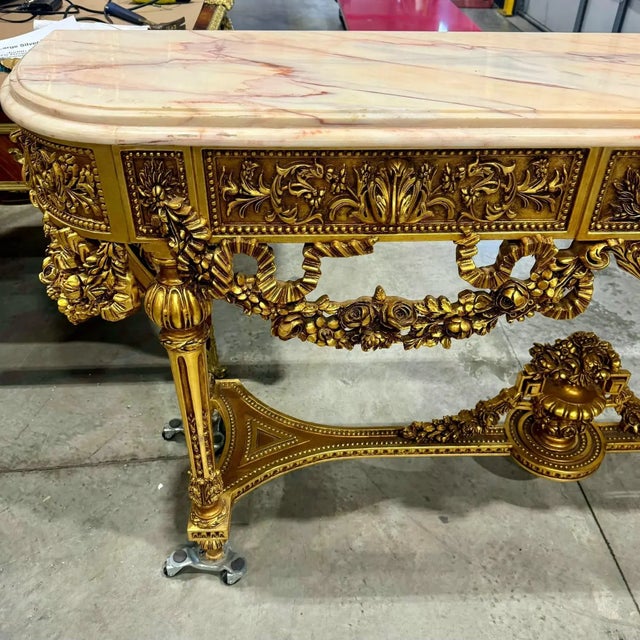 Gold French Louis XVI Console Table – Marble Top With Elegant Gold Leaf Details For Sale - Image 8 of 11