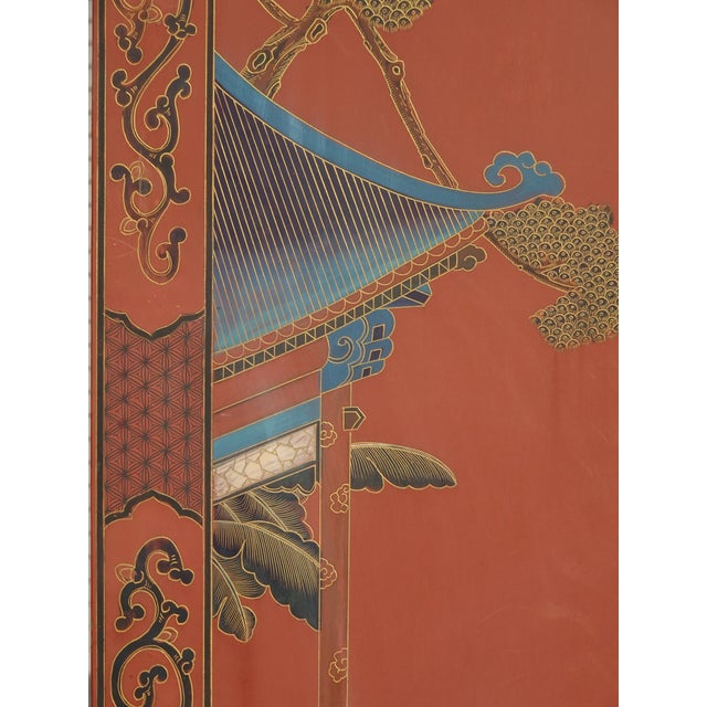 Antique Oriental Asian Red Coromandel Six Panel Folding Screen Palace Scene For Sale - Image 10 of 18