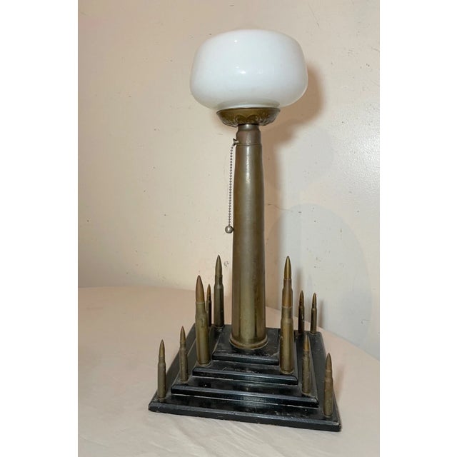 Figurative Large Vintage Handmade Military Trench Art Bullet Shell Brass Wood Table Lamp For Sale - Image 3 of 12