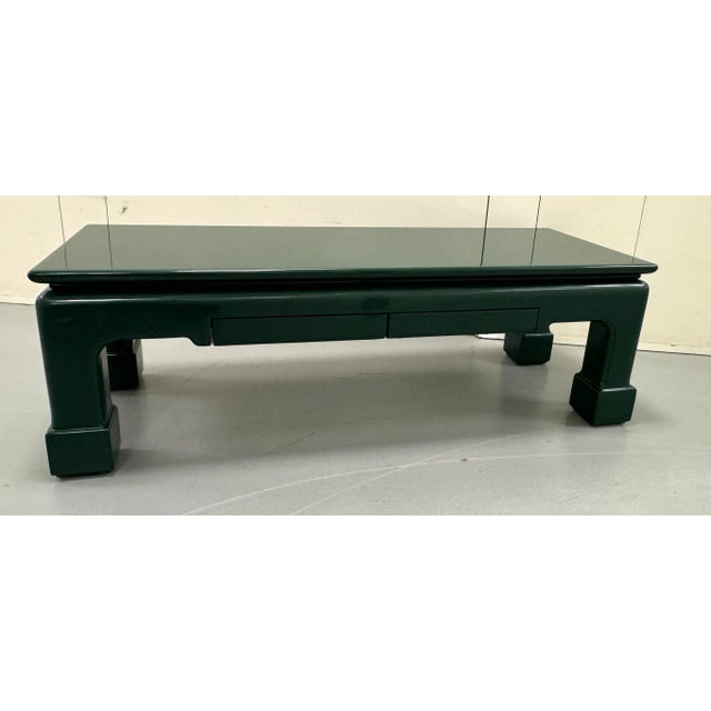 Dark Green Ernest C Masi Lacquered Ming Leg Coffee Table With Drawers For Sale - Image 8 of 12