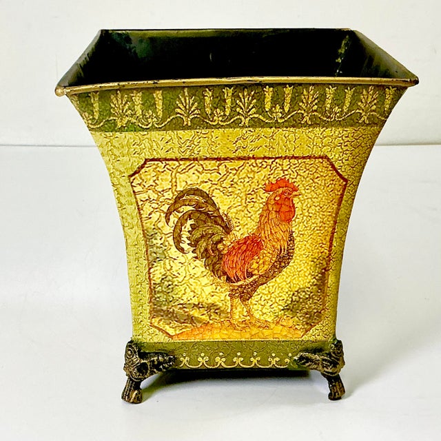 1980s Vintage Rustic European French Country Boho Chic Tole Metal Chicken Motif Planter. For Sale - Image 6 of 9