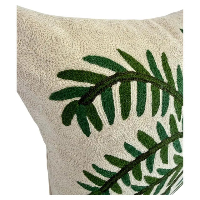 Handmade Kashmiri Crewel Palm Tree Leaf Wool Pillow Cover Global Chic 18 X 18 For Sale In Philadelphia - Image 6 of 8