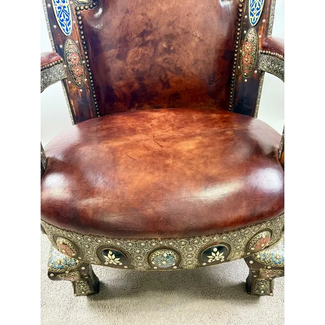 Portuguese Colonial Style Leather & Filigree Design Throne Chair For Sale - Image 11 of 12