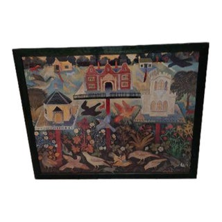 1990s Framed Folk Art Print Titled Bird Tables by British Artist Anna Pugh For Sale